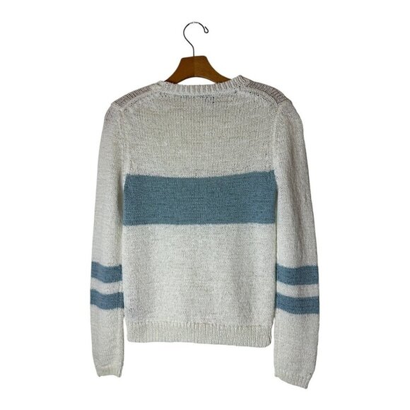 360 Sweater Women Small White Blue Striped Knit Italian Yarn Crew Neck Pullover - Picture 2 of 8